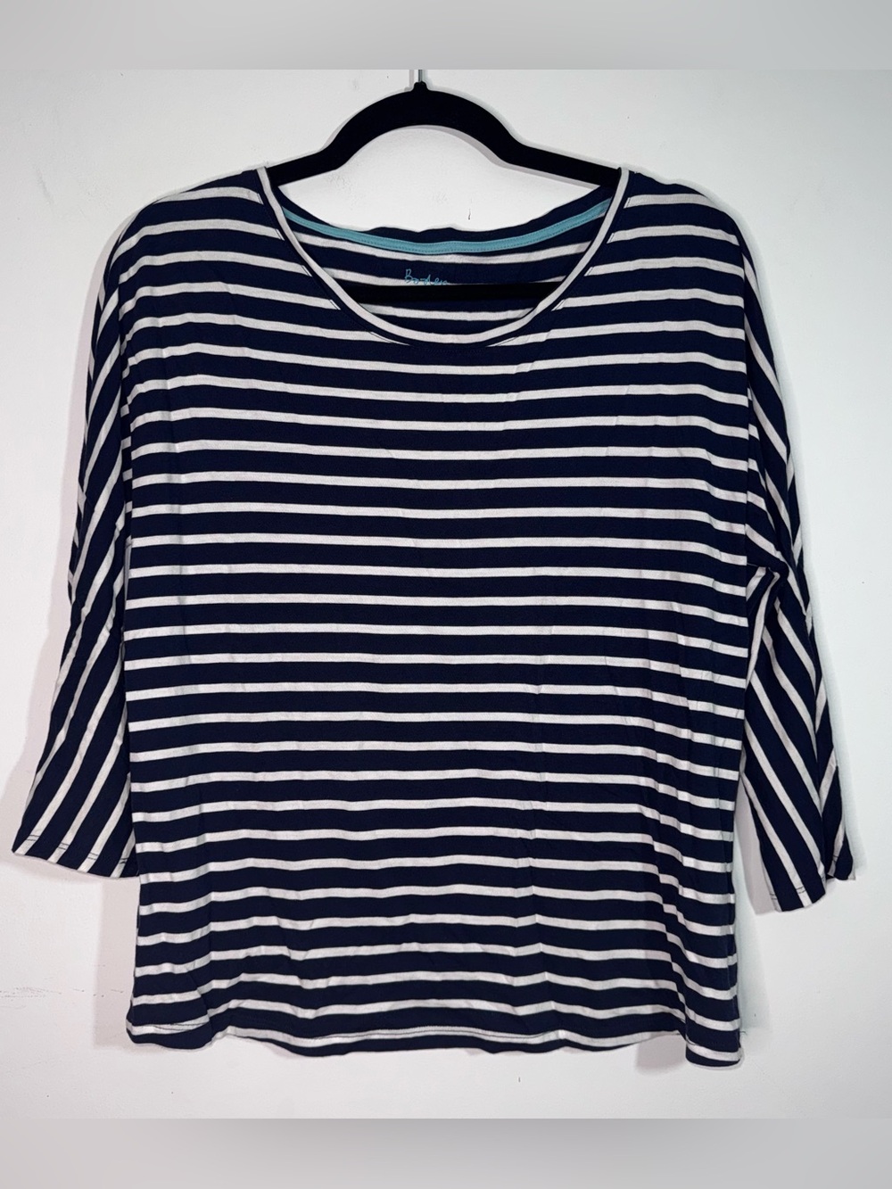 Boden Navy White Striped 3/4 Sleeve Knit Top Relaxed Fit Modal Cotton XL